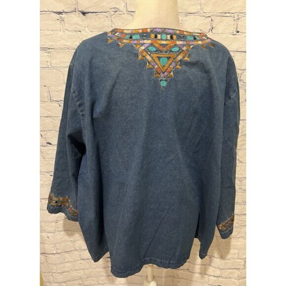 Bob Mackie Wearable Art Blue Embroidered Dream Catcher Button Up Jacket Plus  3X - Picture 5 of 8